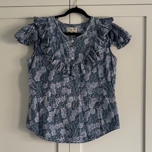 Mille Blue Pansy Ruffle Sleeve Top